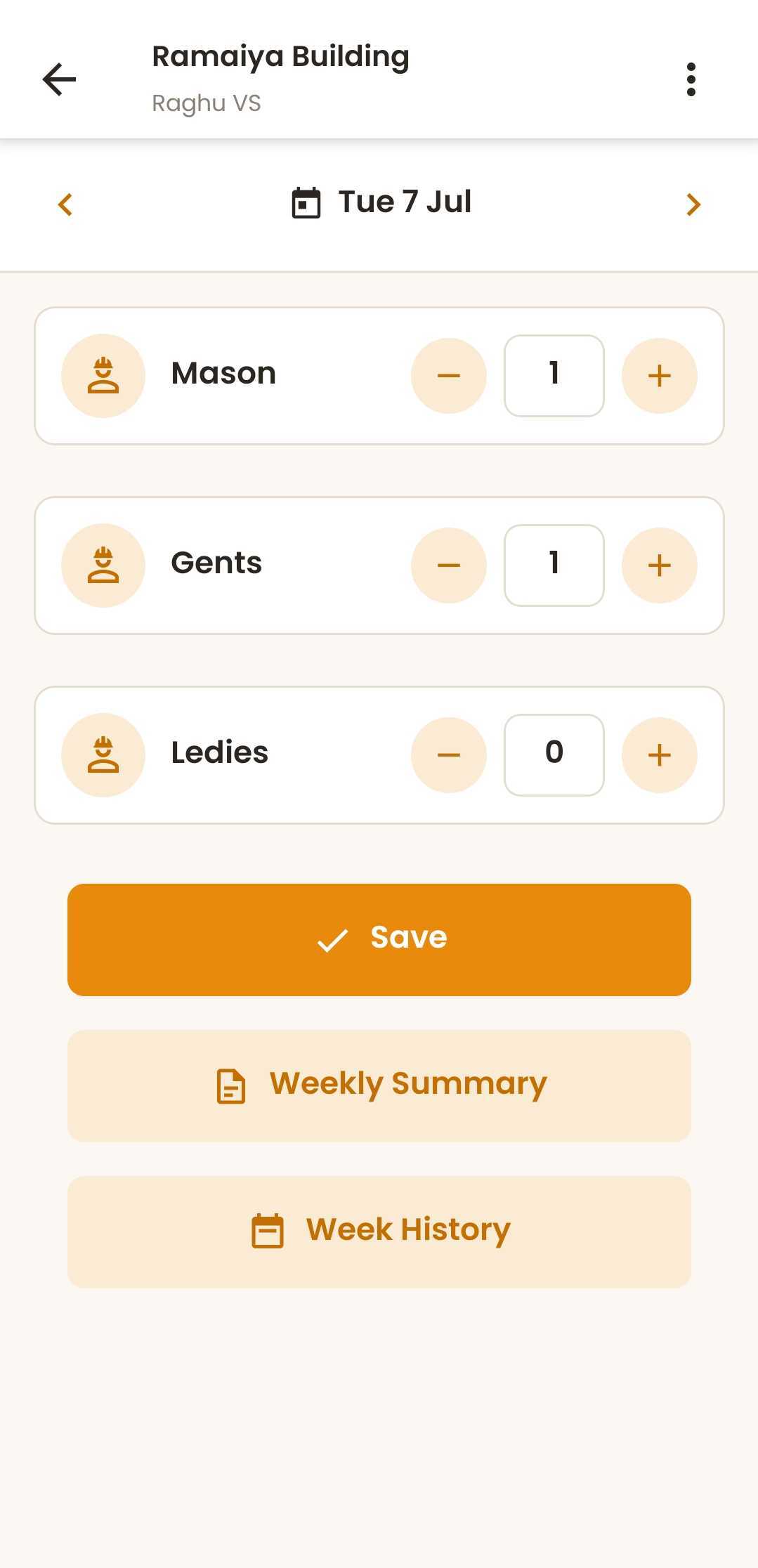LMP Daily Log screen showing worker categories